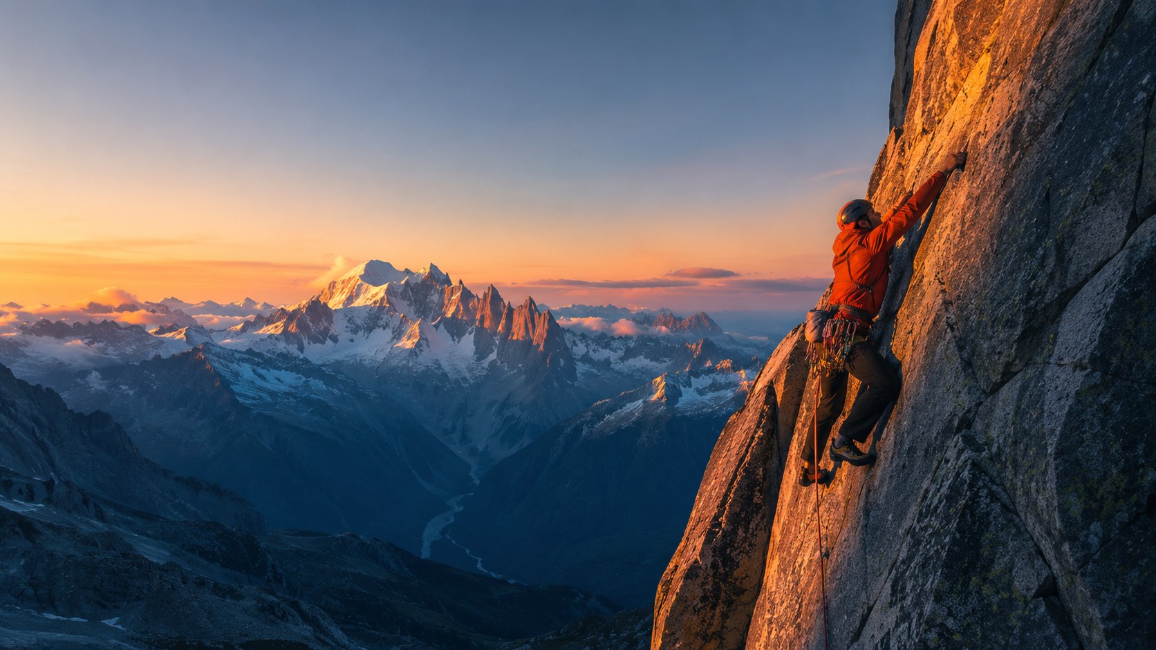 Climber on a granite face in morning light