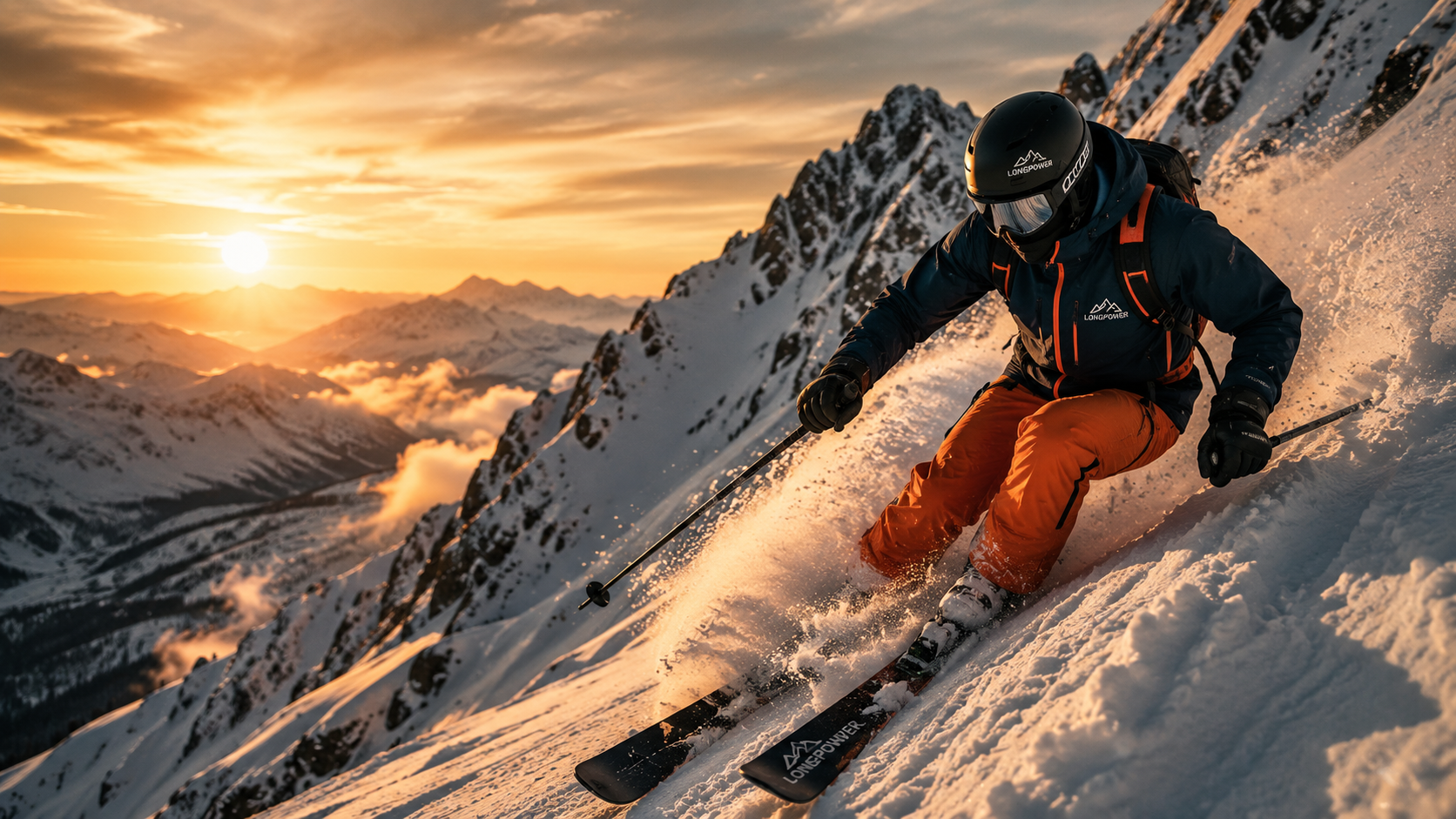 Skier on mountain peak in winter