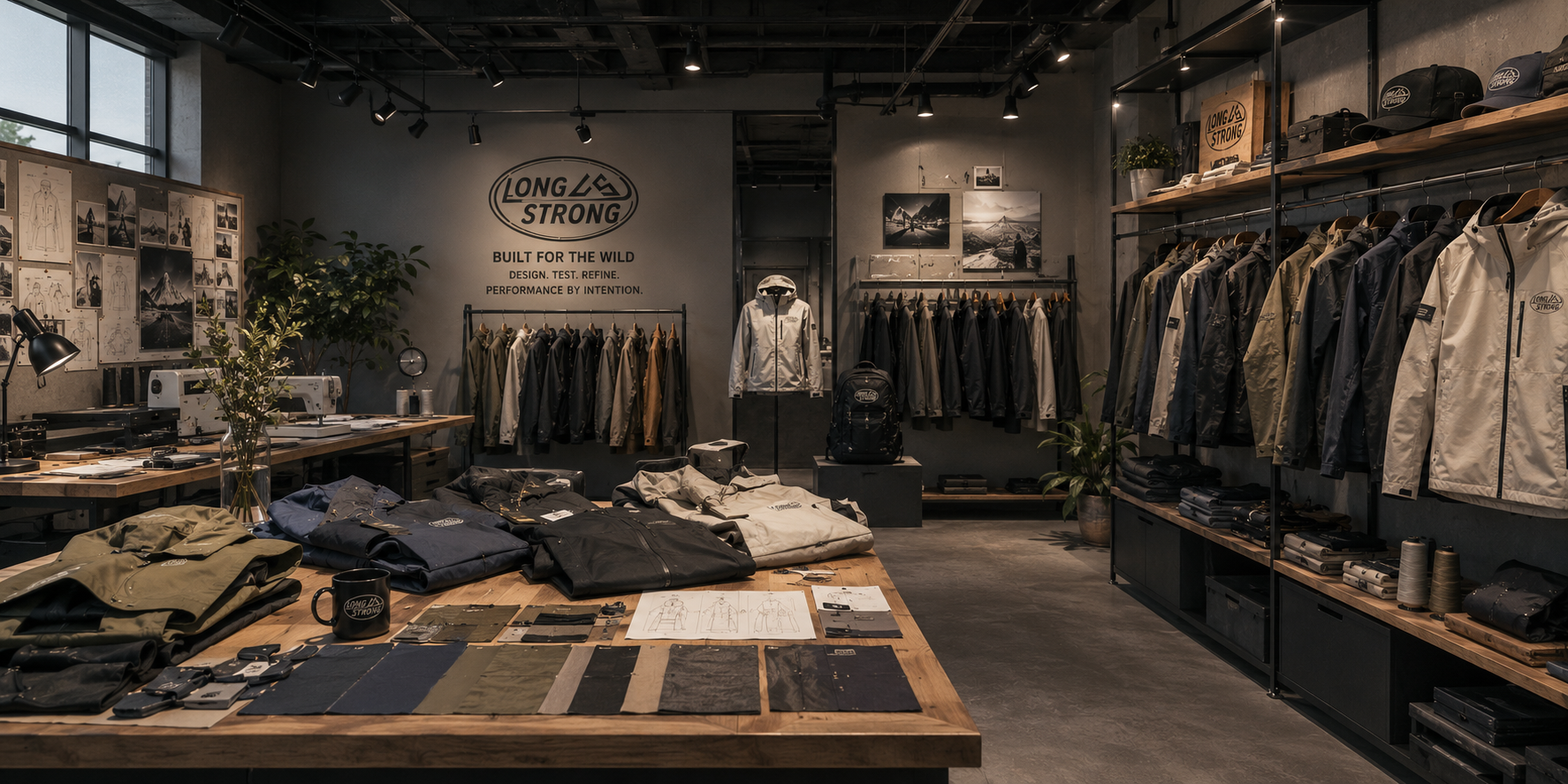 LONGPOWER design studio and global workspace showing outdoor apparel development